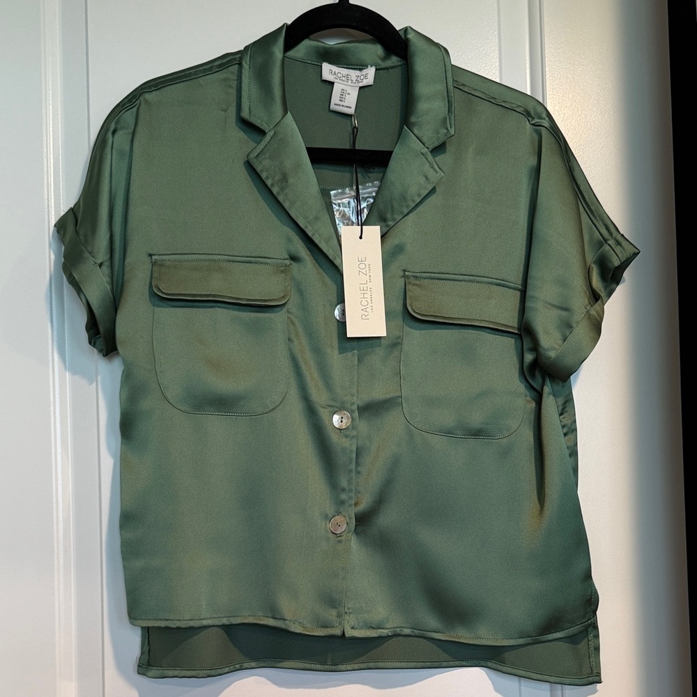 NWT Rachel Zoe Olive Button Down Satin Shirt